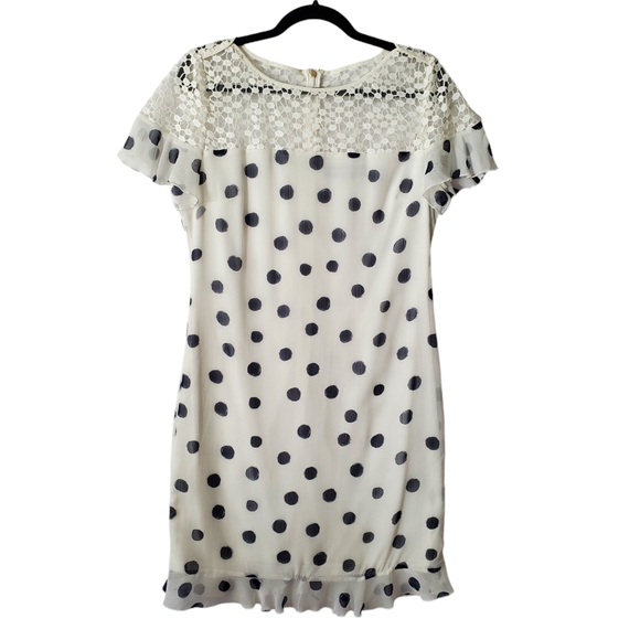 Karl Lagerfeld Paris Dress Womens‎ 10 Sheath Ivory Navy Polka Dot Lace Ruffle - Picture 3 of 16